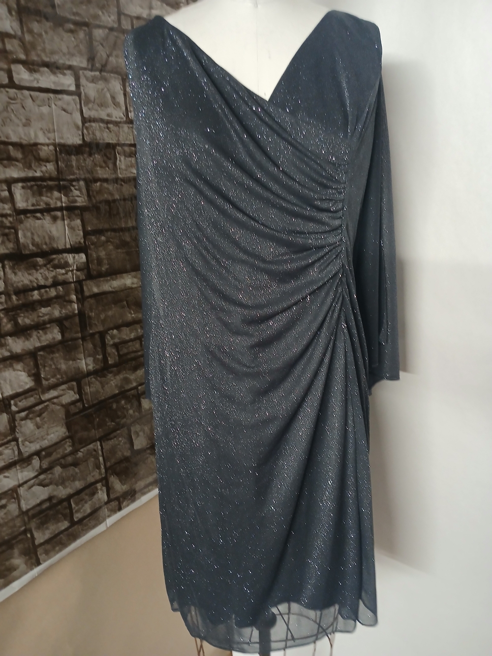 Glitter-Trimmed Gray Midi Dress with Draped Side Detail